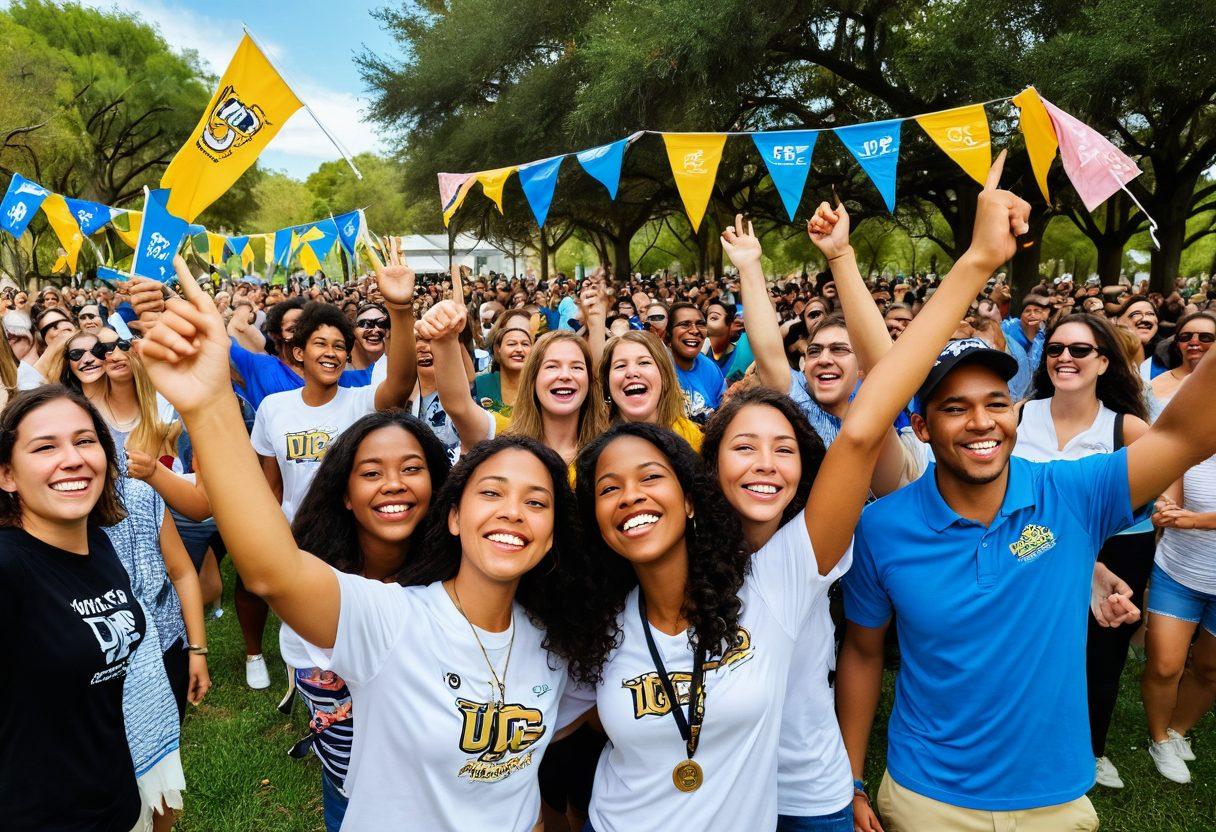 A joyful scene capturing UCF alumni celebrating together on campus, surrounded by colorful banners and smiling faces. Include diverse groups of people engaging in cheerful activities like dancing, studying, and sharing hugs. The atmosphere should radiate warmth and support, with a bright blue sky overhead and lush greenery in the background. Aim for a lively and vibrant color palette to reflect a sense of community and happiness. super-realistic. vibrant colors. energetic atmosphere.