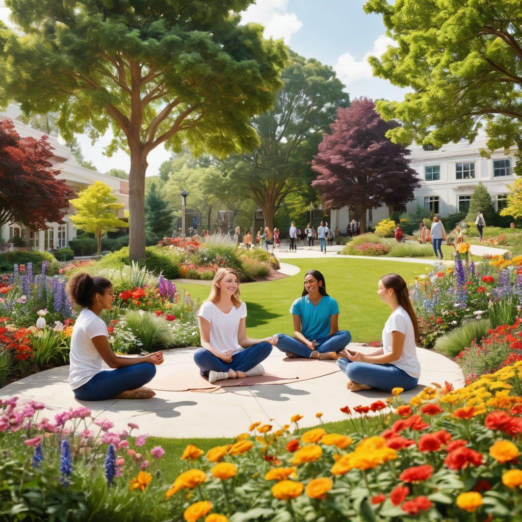 A vibrant campus scene filled with diverse students engaged in various joyful activities such as gardening, playing sports, and participating in a meditation circle, surrounded by lush greenery and colorful flowers. The atmosphere should exude positivity and camaraderie, showcasing a beautiful sunny day with smiles and laughter. super-realistic. vibrant colors. white background.