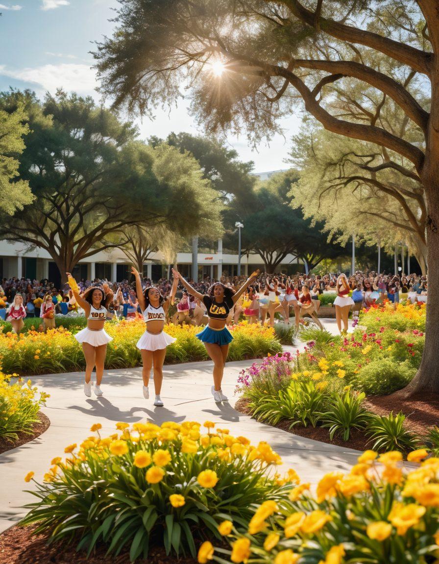 A vibrant campus scene showcasing diverse students engaged in various activities, surrounded by lush greenery and colorful flowers at UCF. Energetic cheerleaders performing in the foreground, embodying a cheerful atmosphere, while students study and socialize in the background. Warm sunlight filtering through trees, enhancing the sense of community and positivity. bright colors. hyper-realistic.